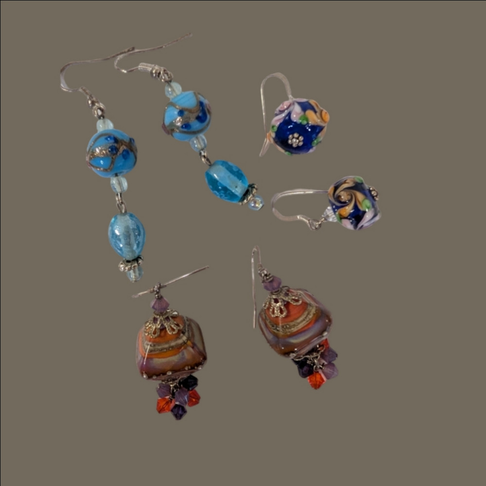 Earrings Glass Bohemian Beaded Earrings Set Of 3 Blue Orange